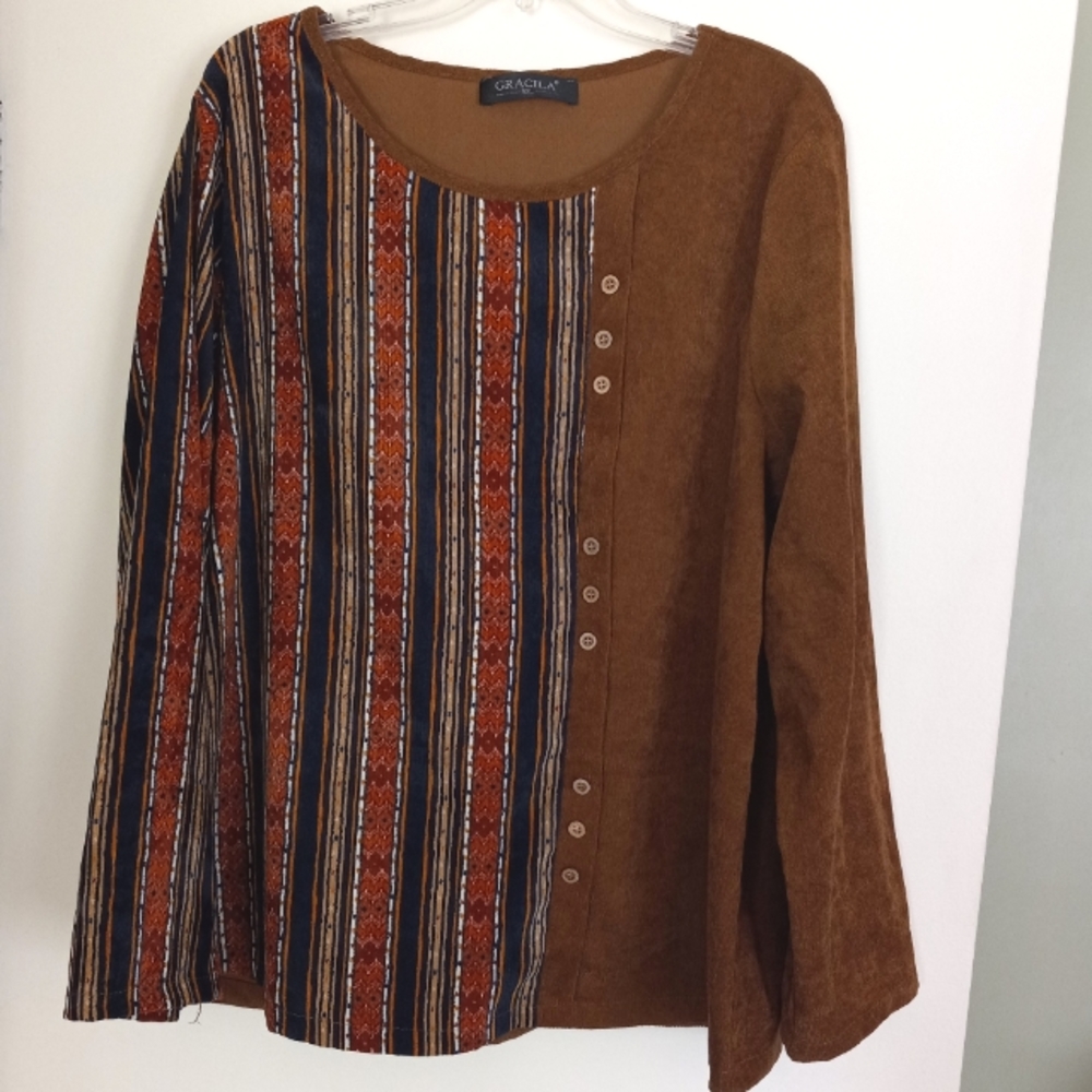 Gracila 3X womens crewneck long sleeve light corduroy boho lagenlook top